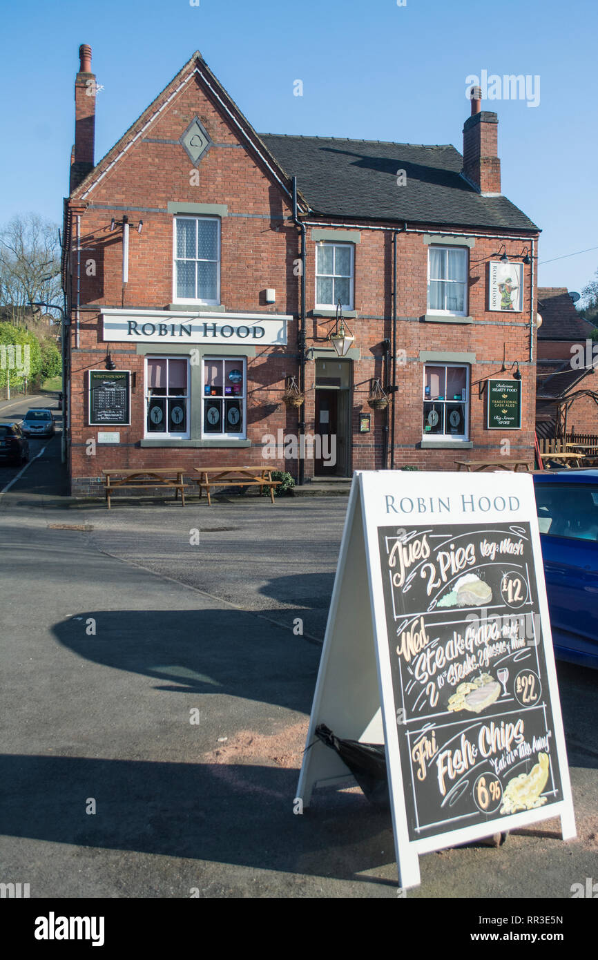 Advertising board outside the Robin Hood Pub in the Leicestershire village of Swannington Stock Photo
