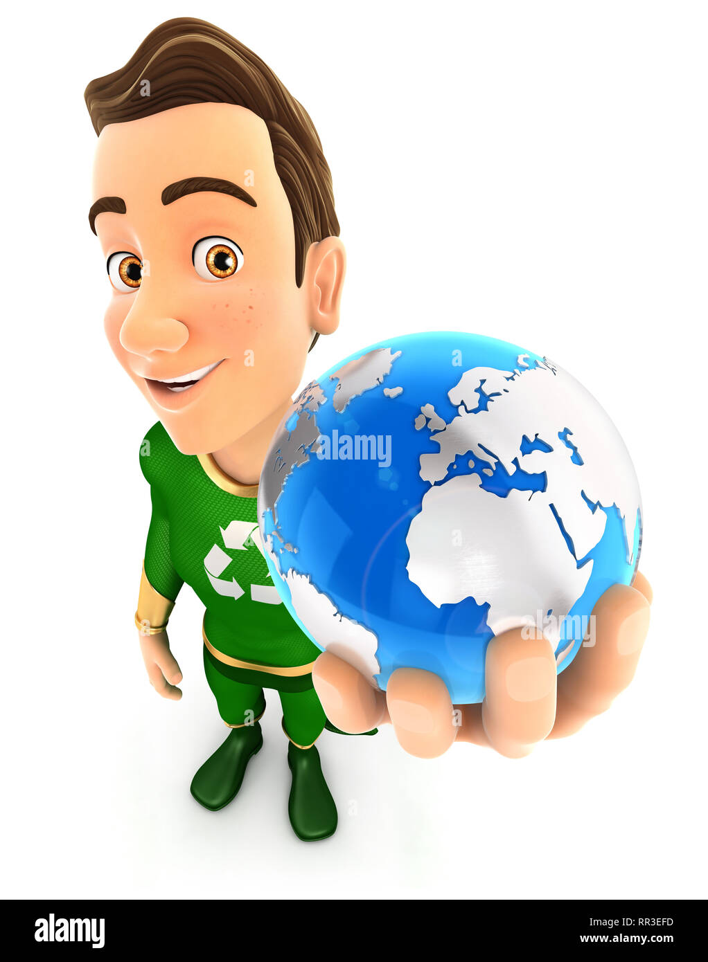 3d green hero holding blue earth, illustration with isolated white background Stock Photo