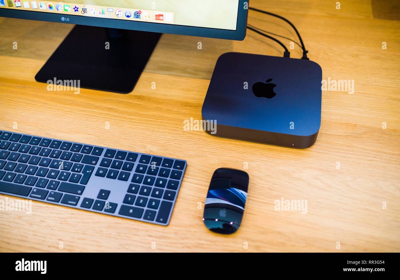 PARIS, FRANCE - NOV 7, 2018: View from above of the new Apple Mac Mini computer with the new processor cpu, 64 DDR4 RAM and 10 Gigabit Ethernet port Stock Photo