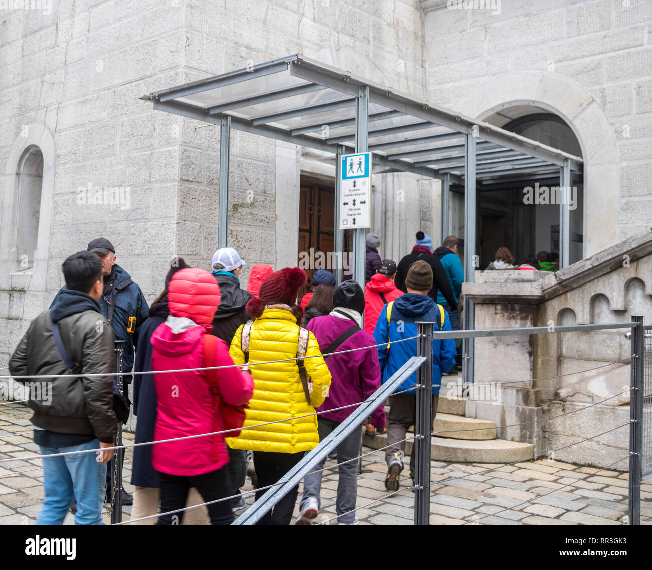People queuing. crowds entering castle, tourists queue, Neuschwanstein Schloss, castle, exploring, visiting tourist concept, things to do germany Stock Photo