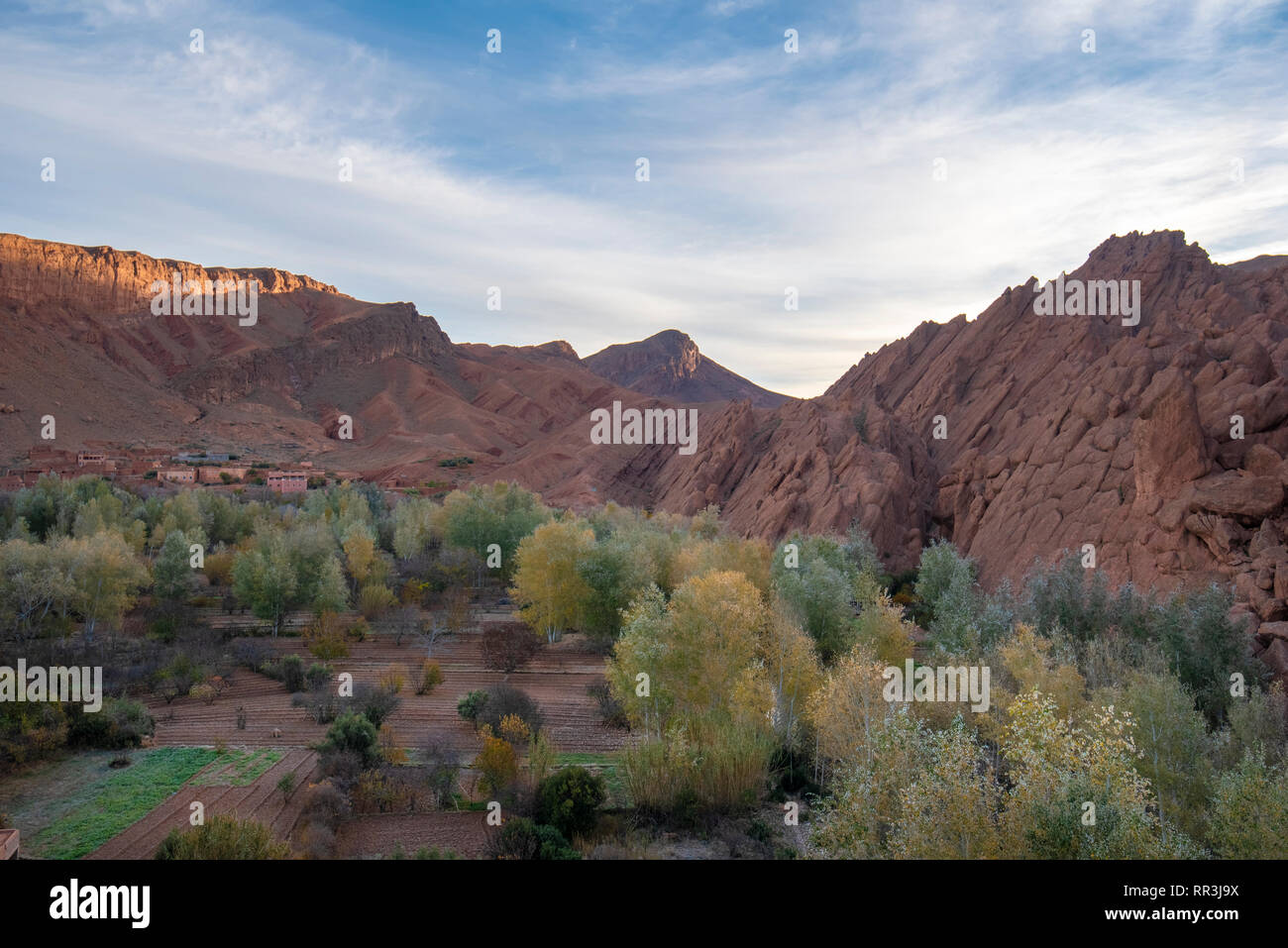 M’Goun Valley – the Valley of the roses, where blossoms are harvested to make Rose Oil and cosmetic products. Todra gorge and high atlas mountain Stock Photo