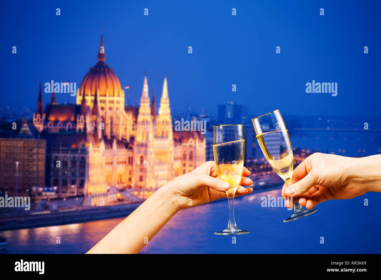 Budapest Hungary view with glasses of champagne Stock Photo