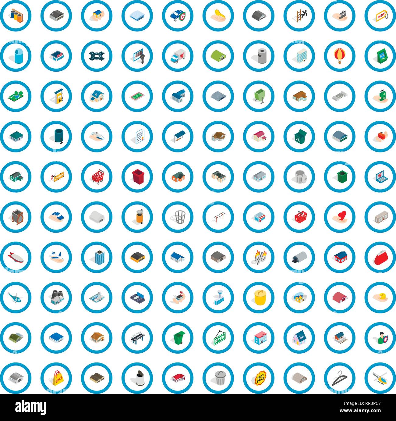 100 city element icons set, isometric 3d style Stock Vector