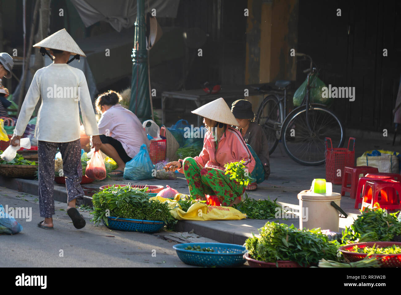 vietnamese street vendor selling herbs on street market, Saigon, Vietnam. Stock Photo