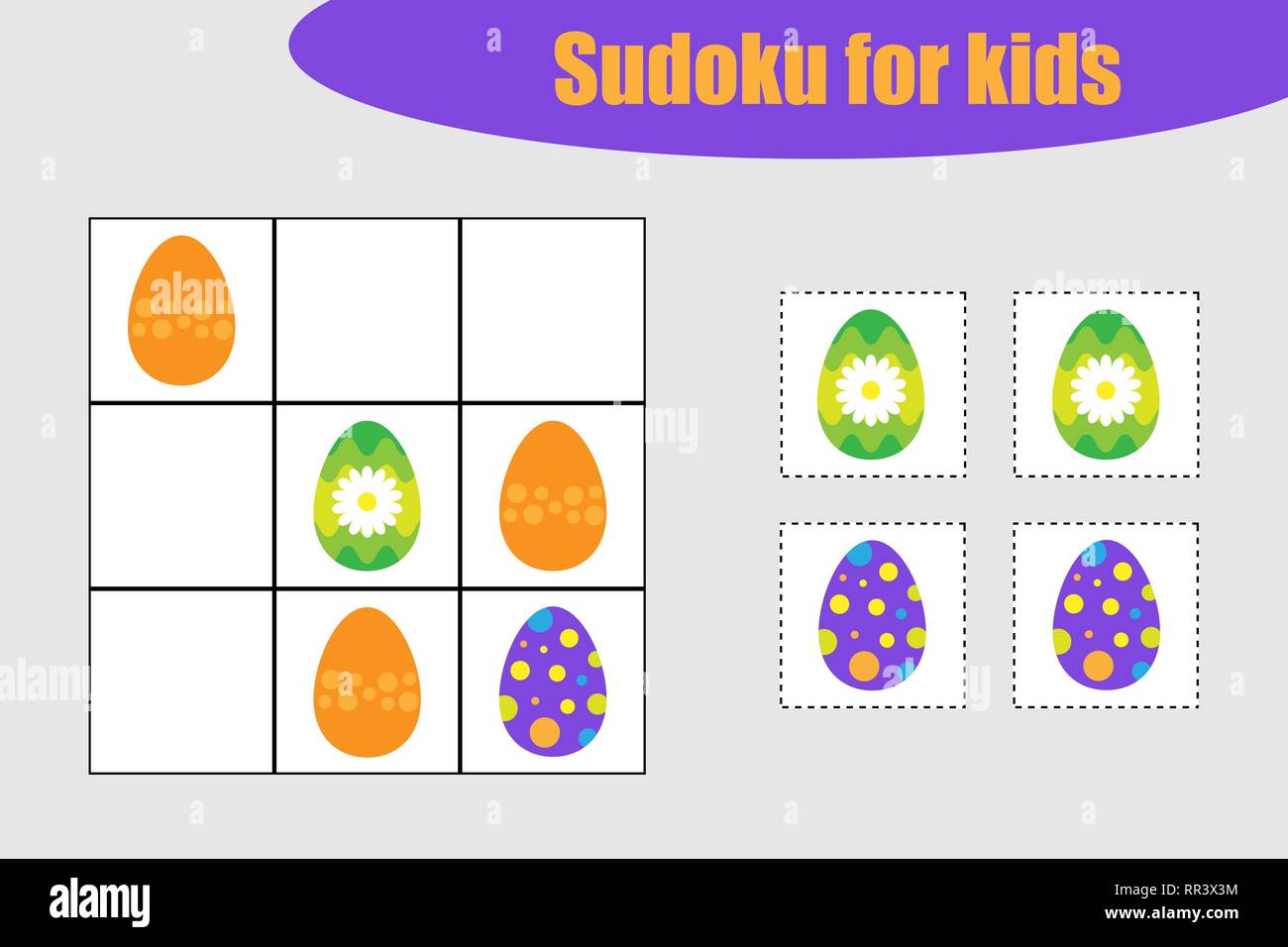First Sudoku game with easter decoration eggs for children, easy level, education game for kids, preschool worksheet activity, task for the developmen Stock Vector