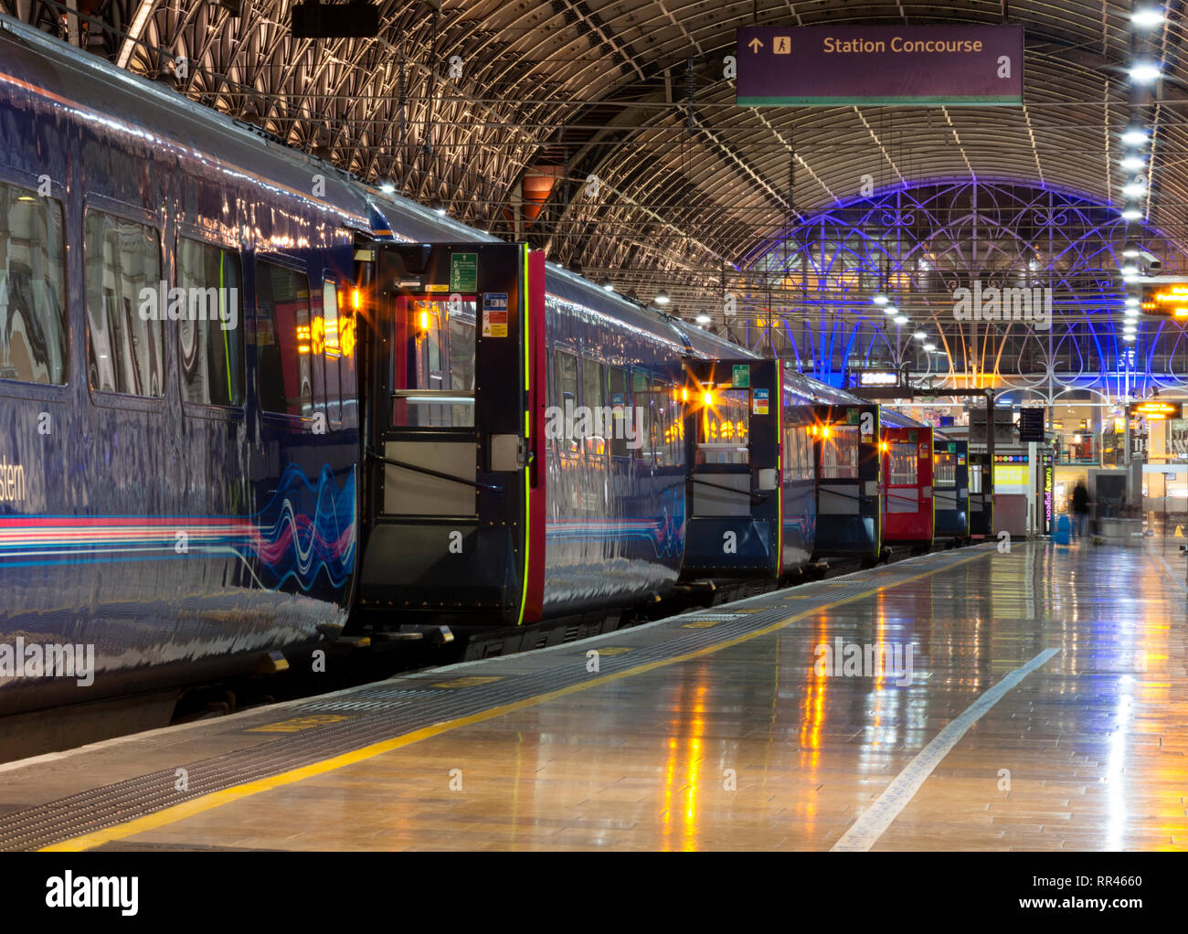 Slam doors on the mark 3 carriages of a First Great Western Intercity 125 train at London Paddington at night as it waits for passengers Stock Photo