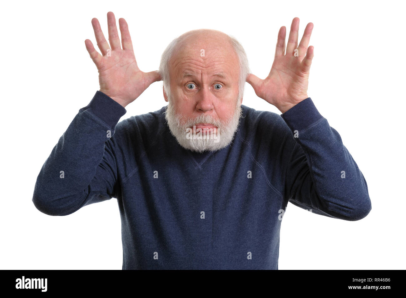 old man sticking out his tongue isolated on white Stock Photo