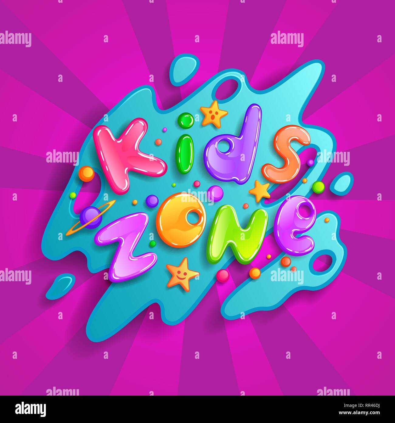 Kids zone vector cartoon logo. Colorful bubble letters for children playroom decoration. Inscription isolated on background Stock Vector