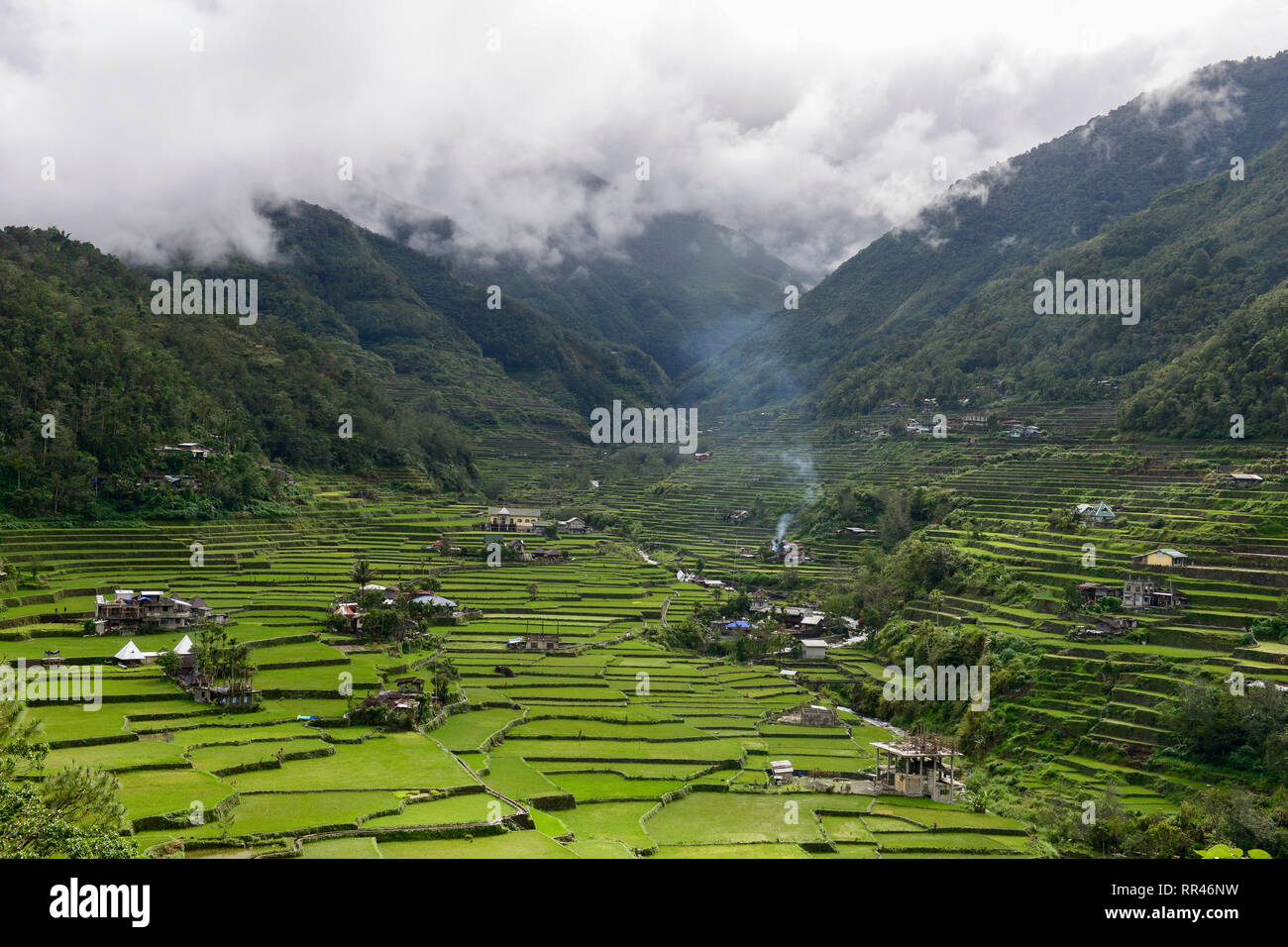 PHILIPPINES, Ifugao Province, Cordilleras, Banaue, Hunduan, rice farming on Hapao rice terraces in mountains, green paddy fields and Hapao church in front of mountains with clouds Stock Photo