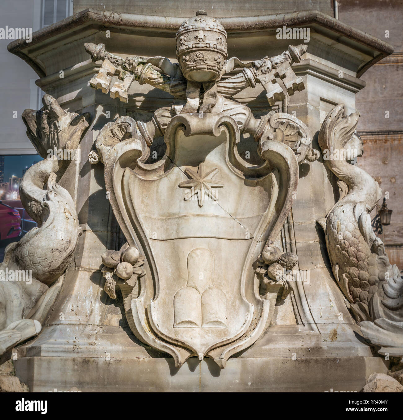 Pope Clement XI coat of arms in the Pantheon Fountain. Rome, Italy. Stock Photo