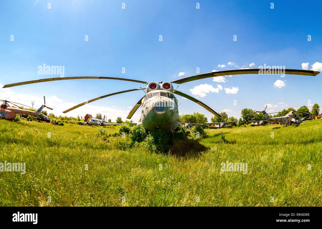Samara, Russia - May 26, 2015: Soviet heavy transport helicopter Mi-6 at an abandoned aerodrome. The Mil Mi-6 was built in large numbers for both mili Stock Photo
