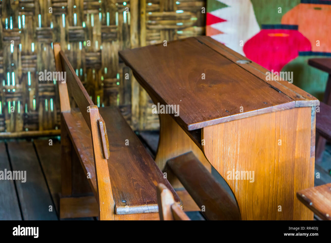 Old Wooden School Bench In A Class Room