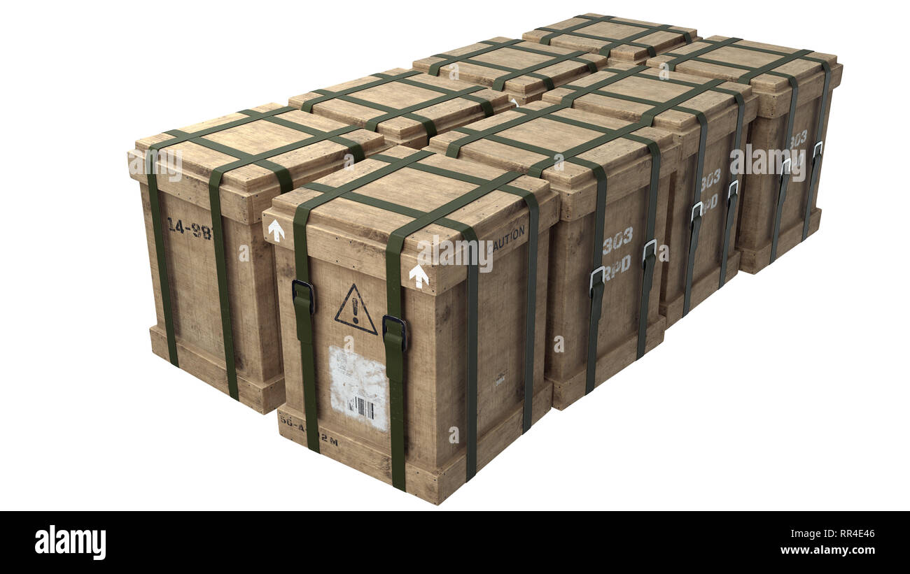 Arrangement of storage boxes. Can be used as airdrops, loot crates, cargo or survival scenarios. Stock Photo