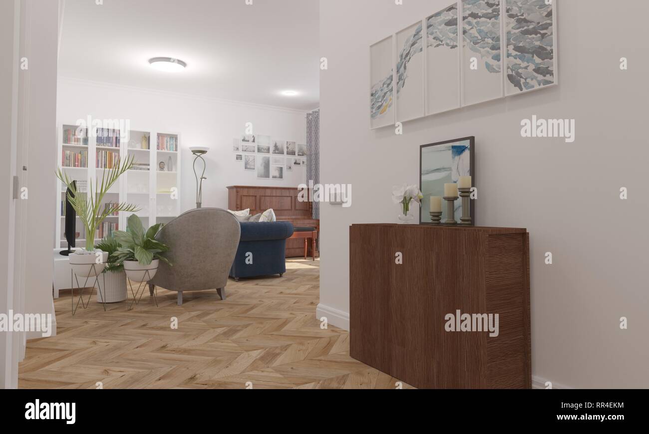 3d illustration of entrance hall interior of modern classic style Stock ...