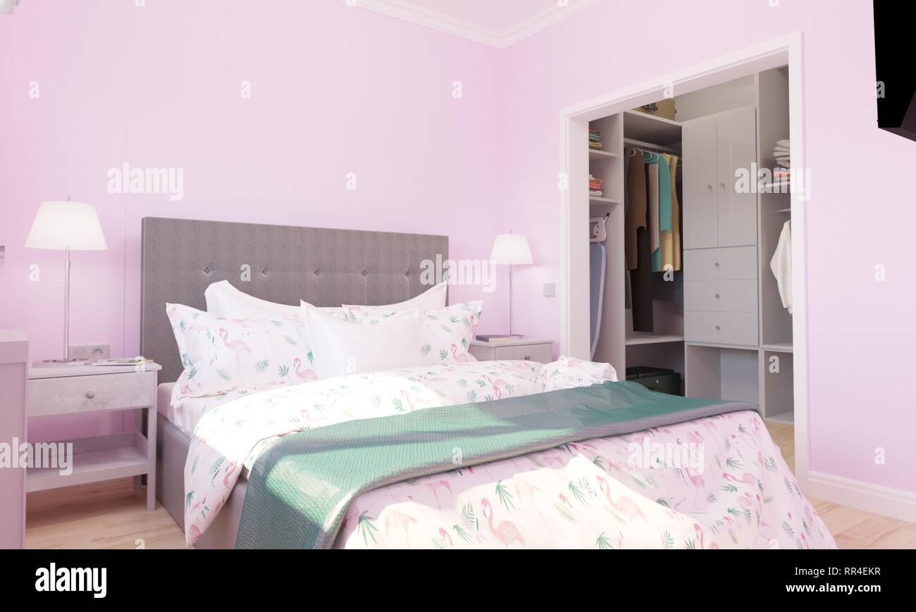3d Render Of Bedroom Interior With Pink Walls Stock Photo