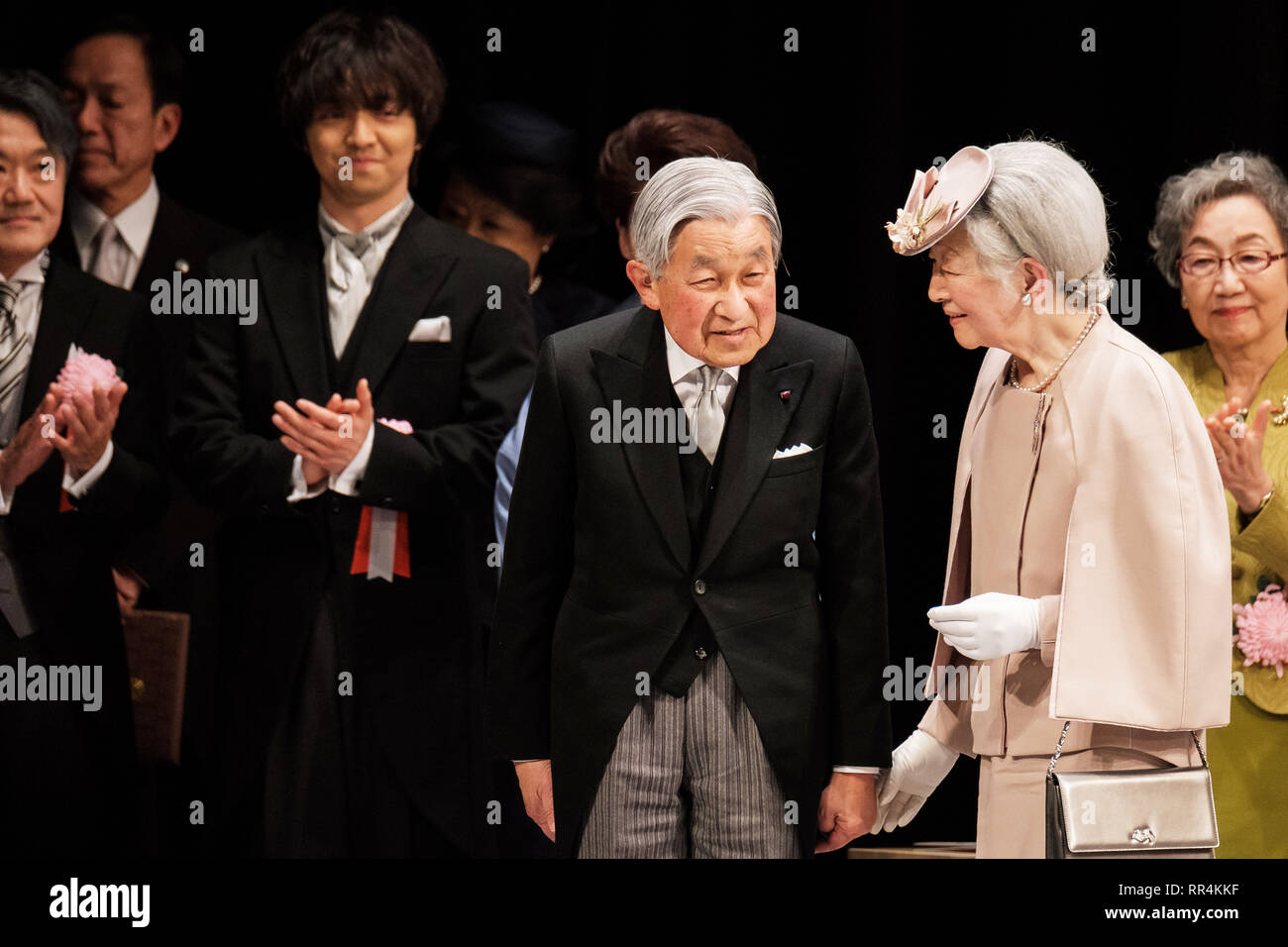 Tokyo, Japan. 24th Feb, 2019. Japanese Emperor Akihito (L, front) and Empress Michiko (R, front) attend the ceremony to mark the 30th anniversary of emperor's enthronement in Tokyo, Japan, Feb. 24, 2019. Credit: Pool/Xinhua/Alamy Live News Stock Photo