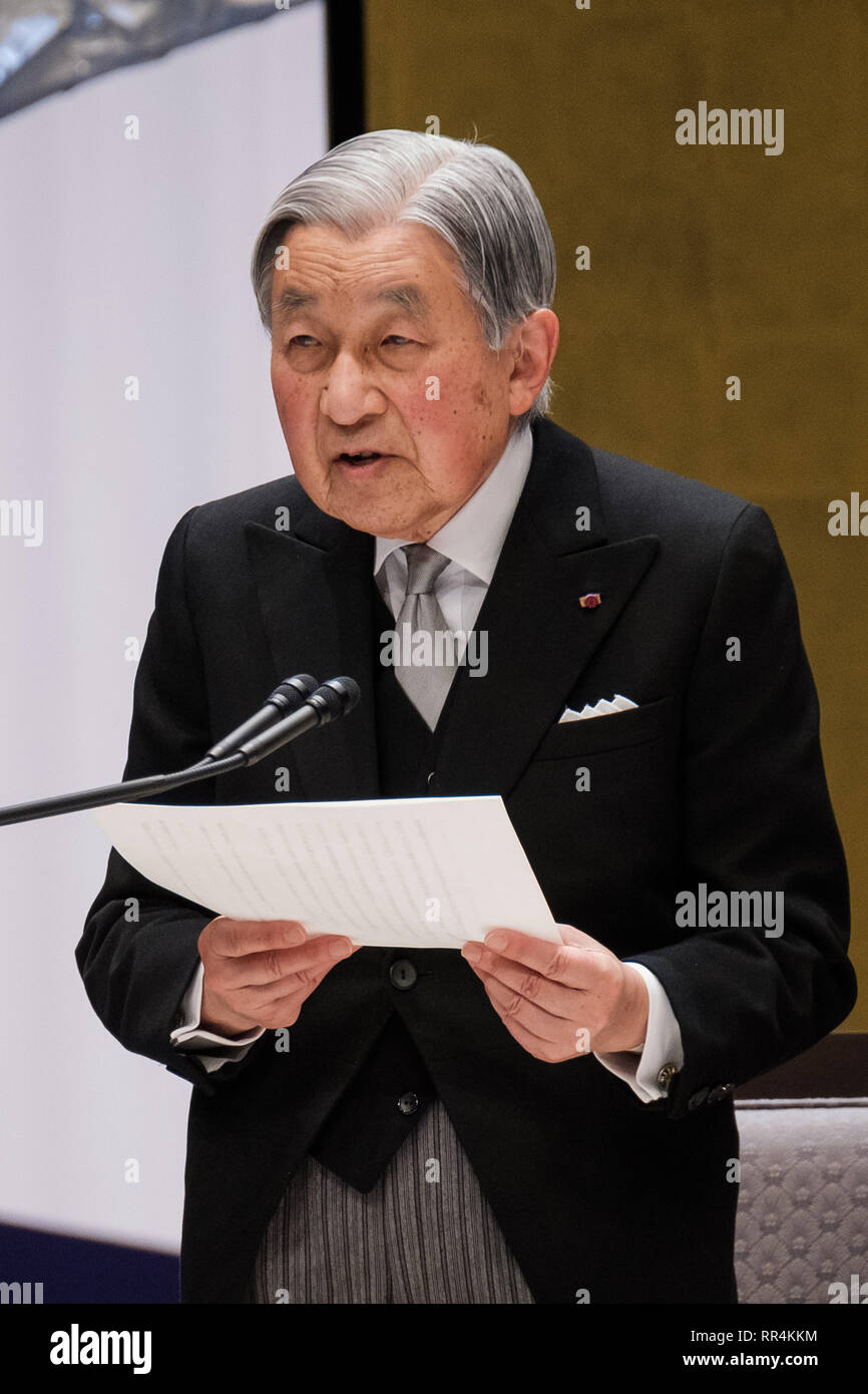 Tokyo, Japan. 24th Feb, 2019. Japanese Emperor Akihito delivers a