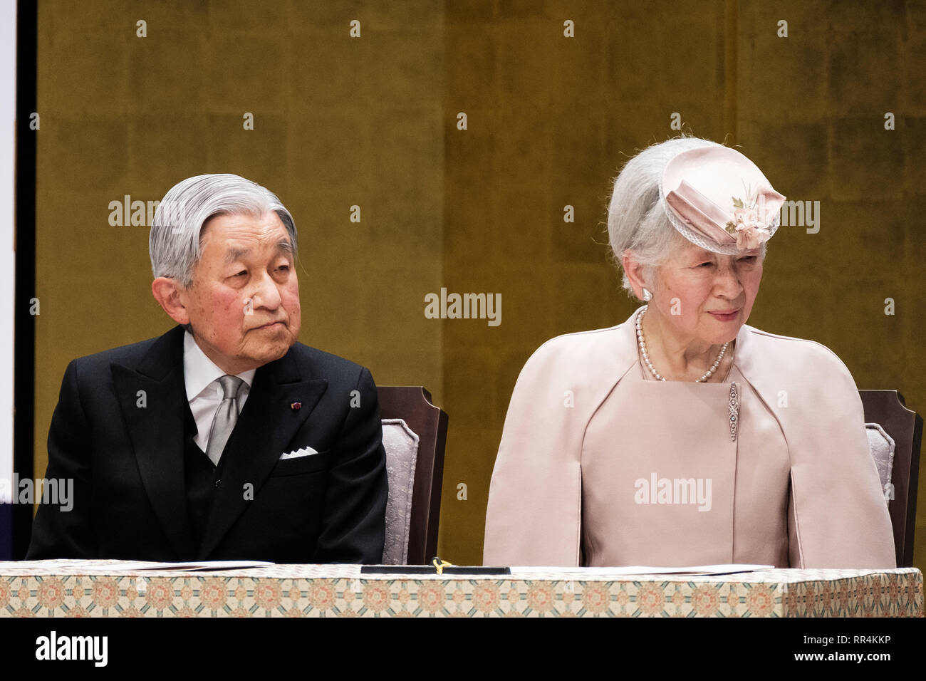 Tokyo, Japan. 24th Feb, 2019. Japanese Emperor Akihito (L) and Empress Michiko attend the ceremony to mark the 30th anniversary of emperor's enthronement in Tokyo, Japan, Feb. 24, 2019. Credit: Pool/Xinhua/Alamy Live News Stock Photo