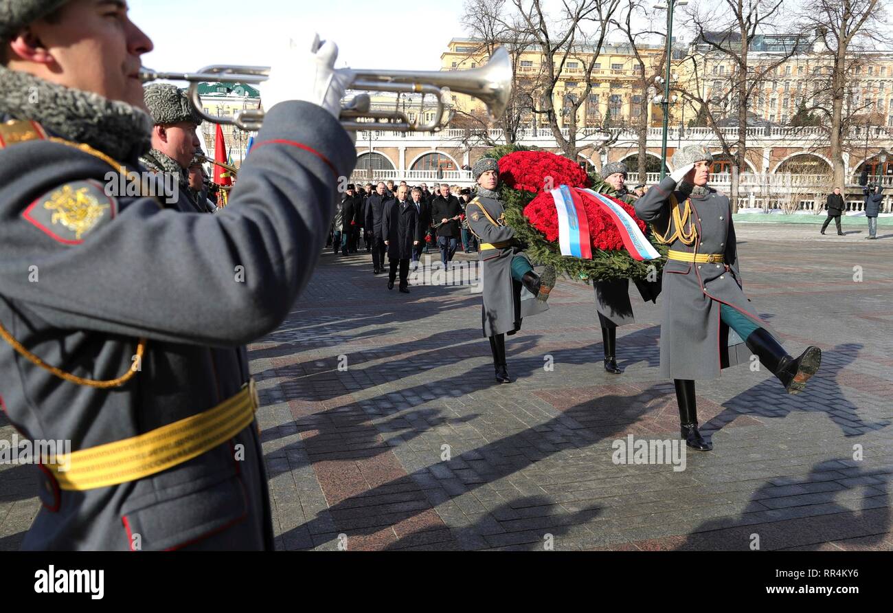 Moscow, Russia. 23rd Feb, 2019. Russian President Vladimir Putin and Prime Minister Dmitry Medvedev attend a wreath ceremony at the Tomb of the Unknown Soldier at the Kremlin Wall to honour the memory of fallen soldiers on Defender of the Fatherland Day February 23, 2019 in Moscow, Russia. Credit: Planetpix/Alamy Live News Stock Photo
