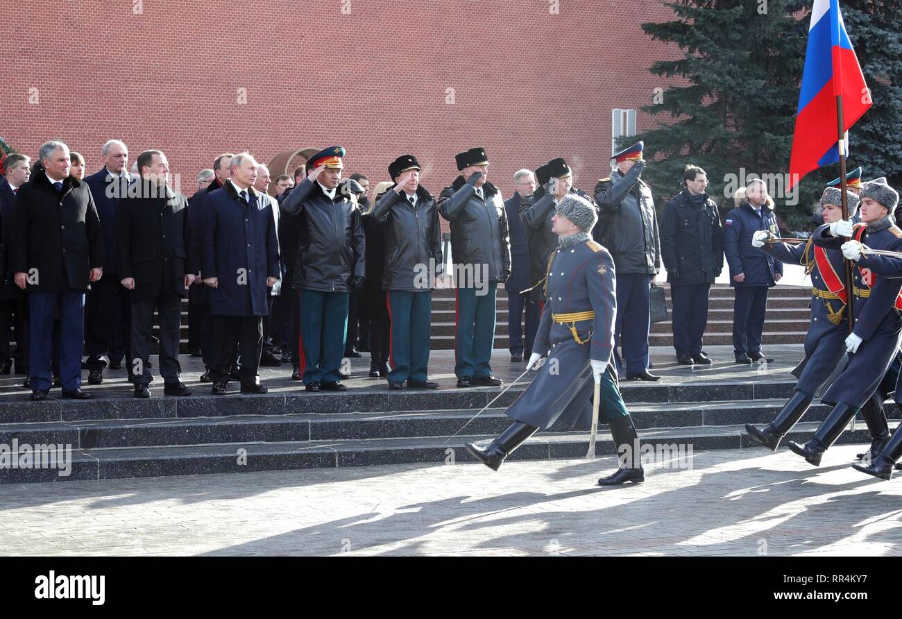 Moscow, Russia. 23rd Feb, 2019. Russian President Vladimir Putin and Prime Minister Dmitry Medvedev attend a wreath ceremony at the Tomb of the Unknown Soldier at the Kremlin Wall to honour the memory of fallen soldiers on Defender of the Fatherland Day February 23, 2019 in Moscow, Russia. Credit: Planetpix/Alamy Live News Stock Photo