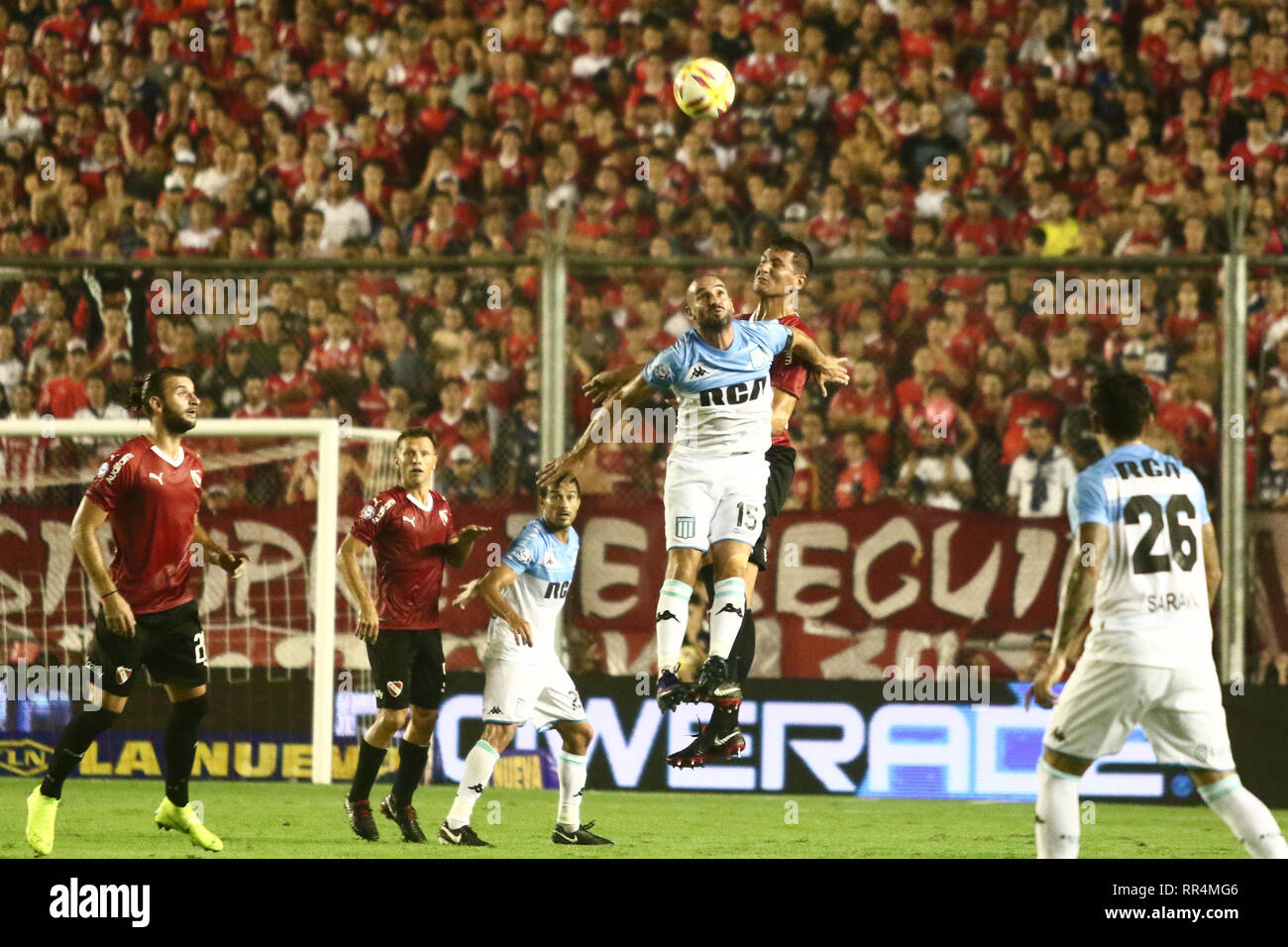 Buenos Aires, Argentina. 23rd February, 2019. : Lisandro Lopez and Guillermo Burdisso during the derby between Independiente and Racing for Superliga Argentina, this saturday on Libertadores de América Stadium on Buenos Aires, Argentina. ( Credit: Néstor J. Beremblum/Alamy Live News Stock Photo