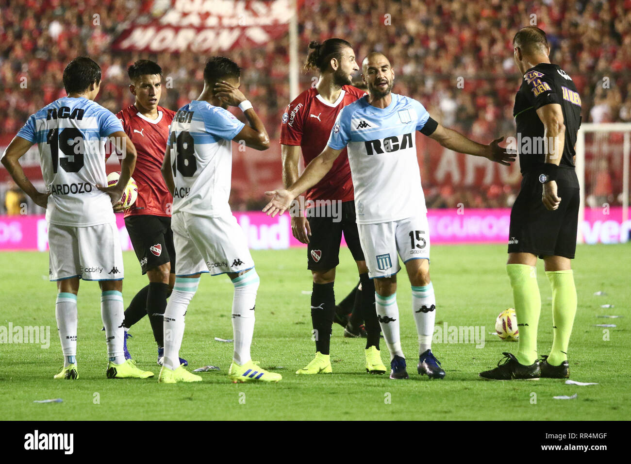 Buenos Aires, Argentina. 23rd February, 2019. : Lisandro Lopez claims during the derby between Independiente and Racing for Superliga Argentina, this saturday on Libertadores de América Stadium on Buenos Aires, Argentina. ( Credit: Néstor J. Beremblum/Alamy Live News Stock Photo