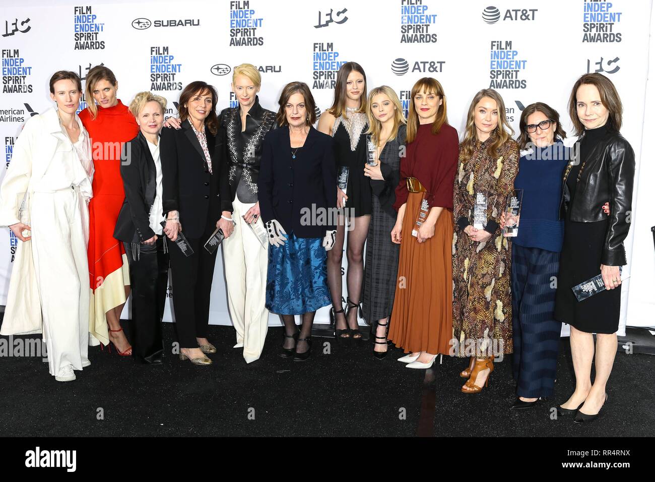 Cast and crew of 'Suspiria' poses the press room of the Film Independent Spirit Awards in a tent in Santa Monica, Los Angeles, USA, on 23 February 2019. | usage worldwide Stock Photo