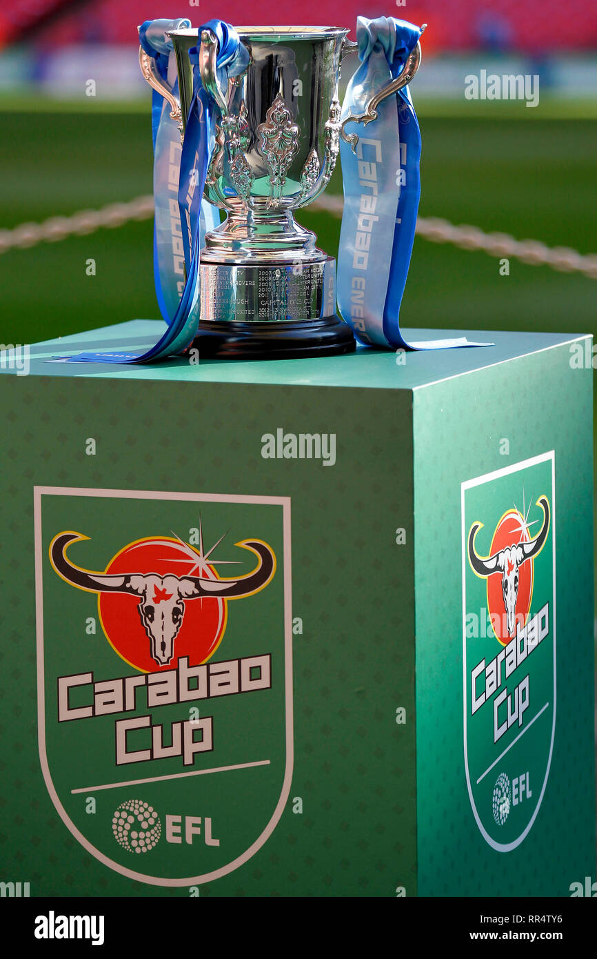London, UK. 24th Feb, 2019. The Carabao Cup trophy during the EFL Carabao Cup Final between Chelsea and Manchester City at Wembley Stadium, London, England on 24 February 2019. Photo by Carlton Myrie. Editorial use only, license required for commercial use. No use in betting, games or a single club/league/player publications. Credit: UK Sports Pics Ltd/Alamy Live News Stock Photo