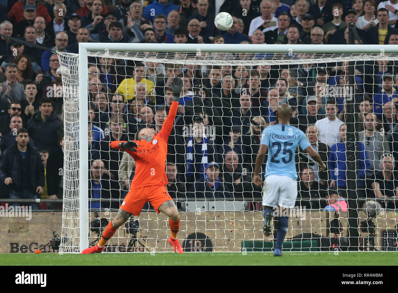 London, UK. 24th Feb, 2019.  London, UK. 13th Nov, 2018. Ederson of Manchester City during the Carabao Cup Final match between Chelsea and Manchester City at Stamford Bridge on February 24th 2019 in London, England. (Photo by Paul Chesterton/phcimages.com) Credit: PHC Images/Alamy Live NewsEditorial use only, licence required for commercial use. No use in Betting, games or a single club/league/player publication. by Paul Chesterton/phcimages.com) Credit: PHC Images/Alamy Live News Stock Photo