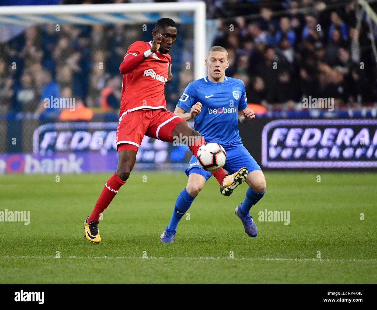 Genk Belgium February 24 William Owusu Of Antwerp And Casper De Norre Of Genk Fight For The Ball During The Jupiler Pro League Match Day 27 Between Krc Genk And Royal