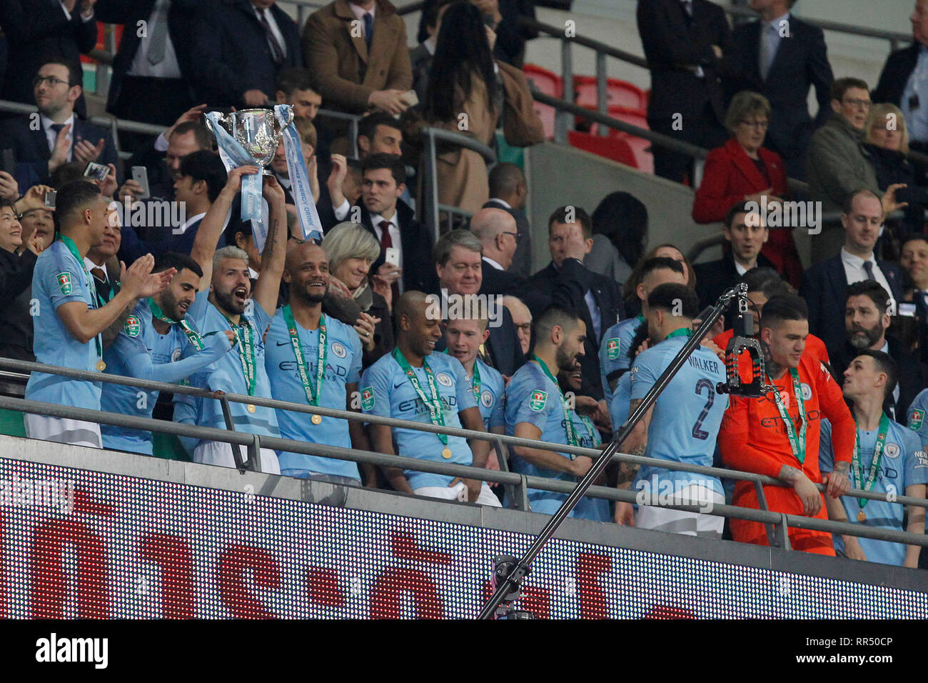 London, UK. 24th Feb, 2019. Sergio AgŸero of Manchester City lifts the trophy during the EFL Carabao Cup Final between Chelsea and Manchester City at Wembley Stadium, London, England on 24 February 2019. Photo by Carlton Myrie. Editorial use only, license required for commercial use. No use in betting, games or a single club/league/player publications. Credit: UK Sports Pics Ltd/Alamy Live News Stock Photo