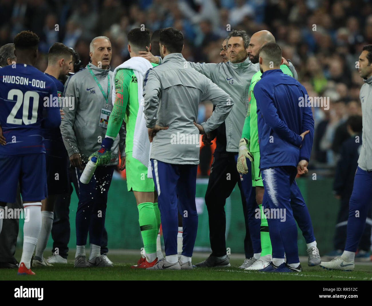 London, UK. 24th Feb, 2019. Goalkeeper Kepa Arrizabalaga (C) refused to be substituted by his manager Maurizio Sarri (Chelsea manager), as he wanted to put Willy Caballero (C) on, during the Carabao Cup Final, Chelsea v Manchester City, at Wembley Stadium, London, UK on February 24, 2019. **This picture is for editorial use only** Credit: Paul Marriott/Alamy Live News Stock Photo
