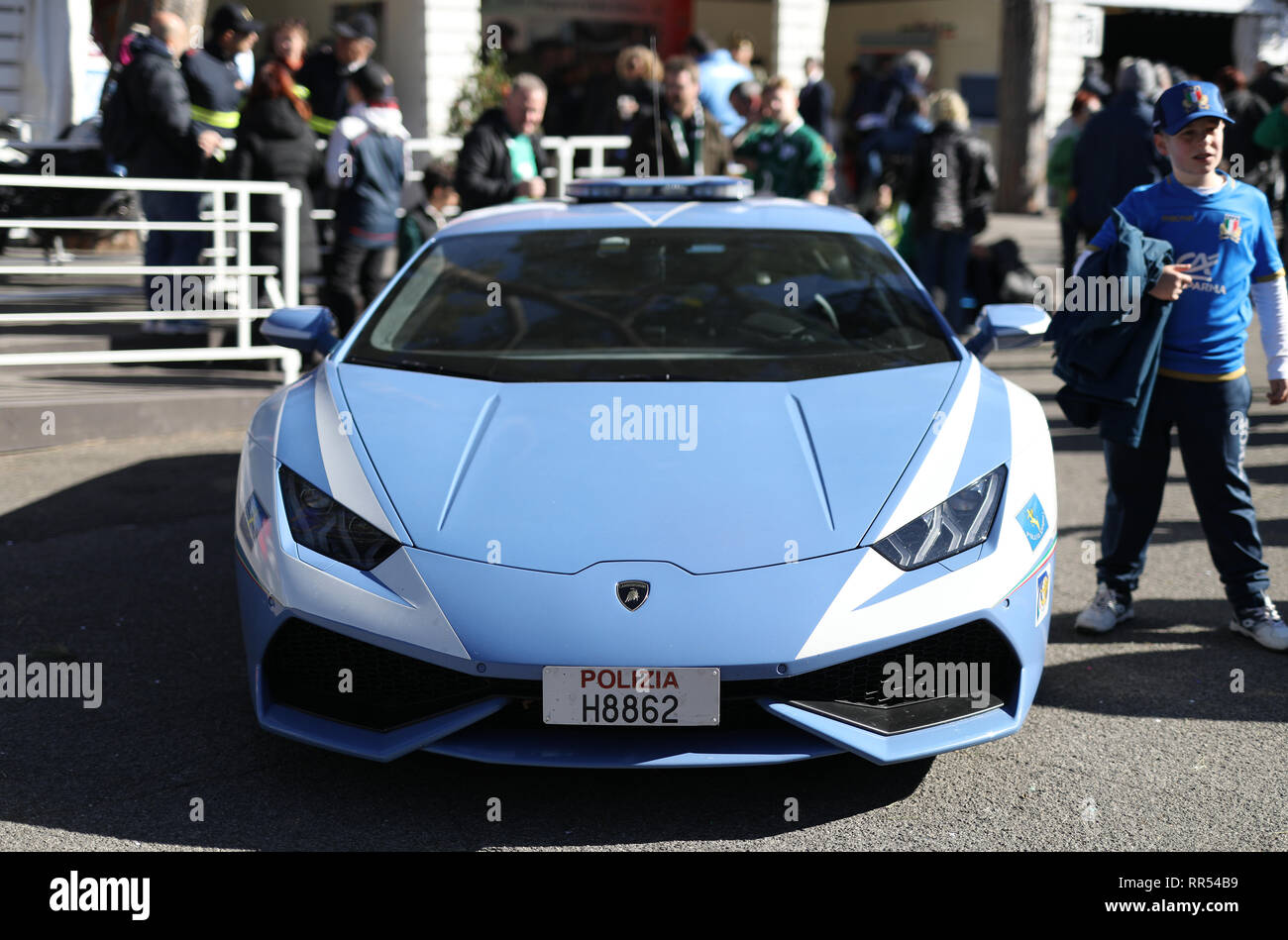 A Lamborghini Huracan used by the Italian Police Force outside the ground before the Guinness Six Nations match at the Stadio Olimpico, Rome, Italy. Stock Photo