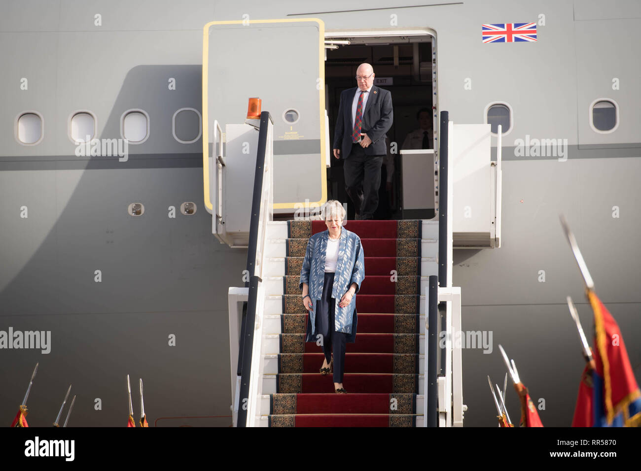 Prime Minister Theresa May arrives to attend the EU-League of Arab States Summit in Sharm El-Sheikh, Egypt. Stock Photo
