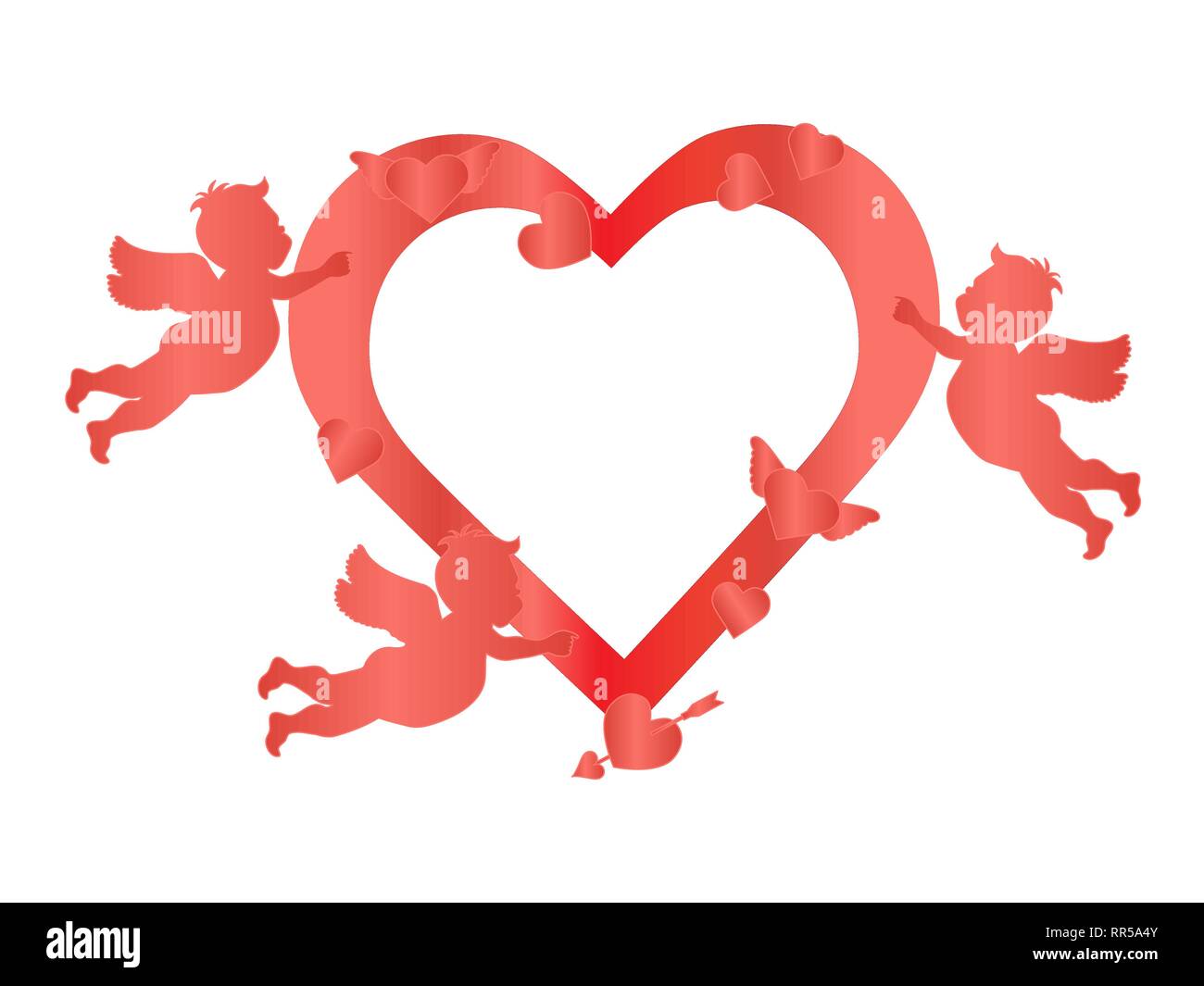 Vector illustration with cupids, hearts, arrow. Happy Valentine’s Day