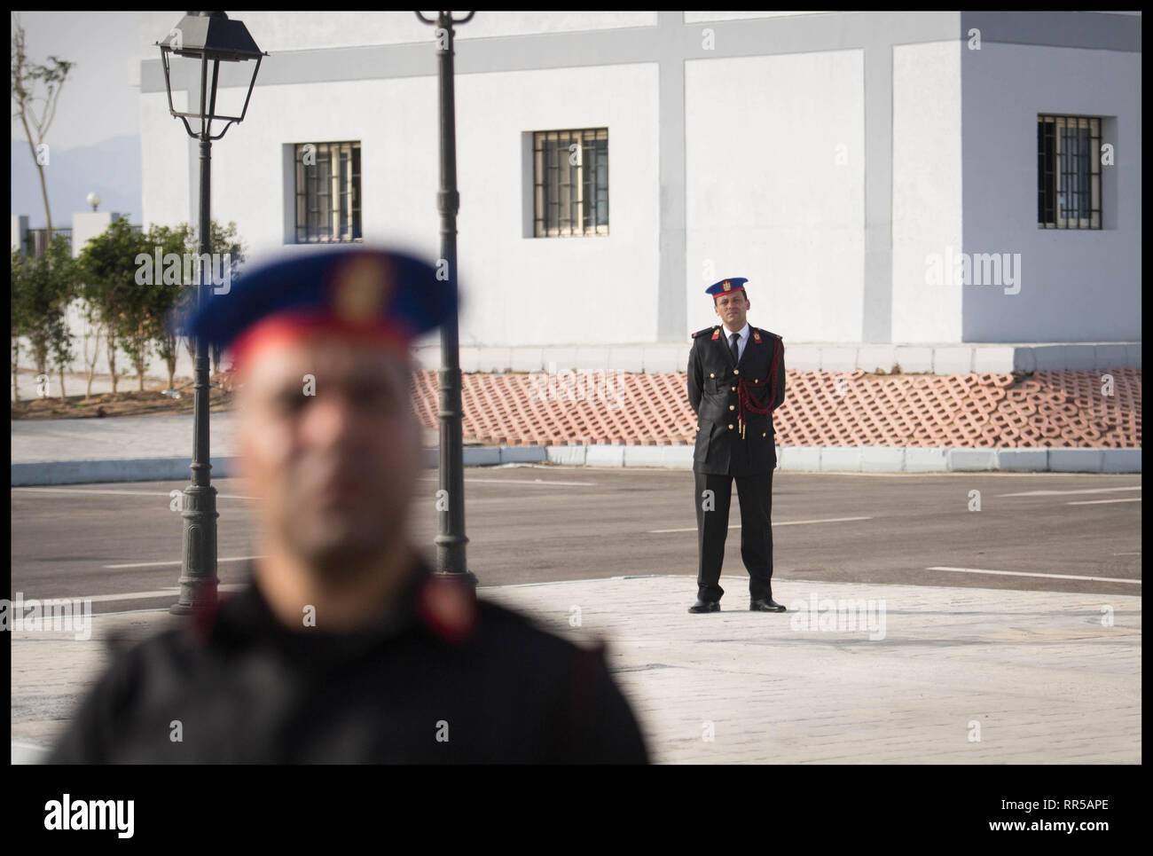 Security guards await the arrival of European leaders at the beginning of the EU-League of Arab States Summit in Sharm El-Sheikh, Egypt. Stock Photo