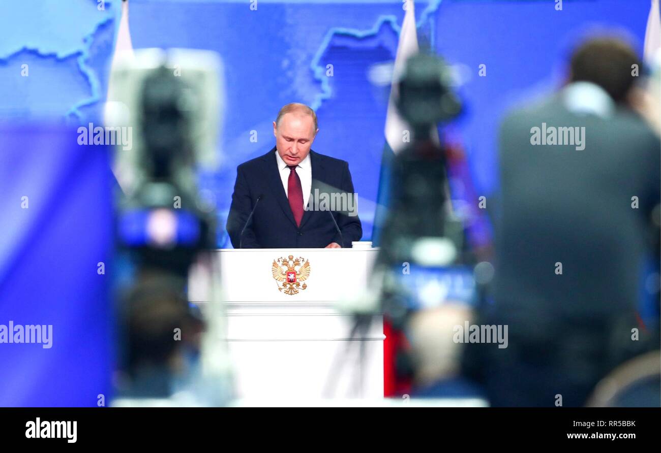 Russian President Vladimir Putin delivers his annual address to the Federal Assembly of the Russian Federation at Gostiny Dvor arcade February 20, 2019 in Moscow, Russia. Stock Photo