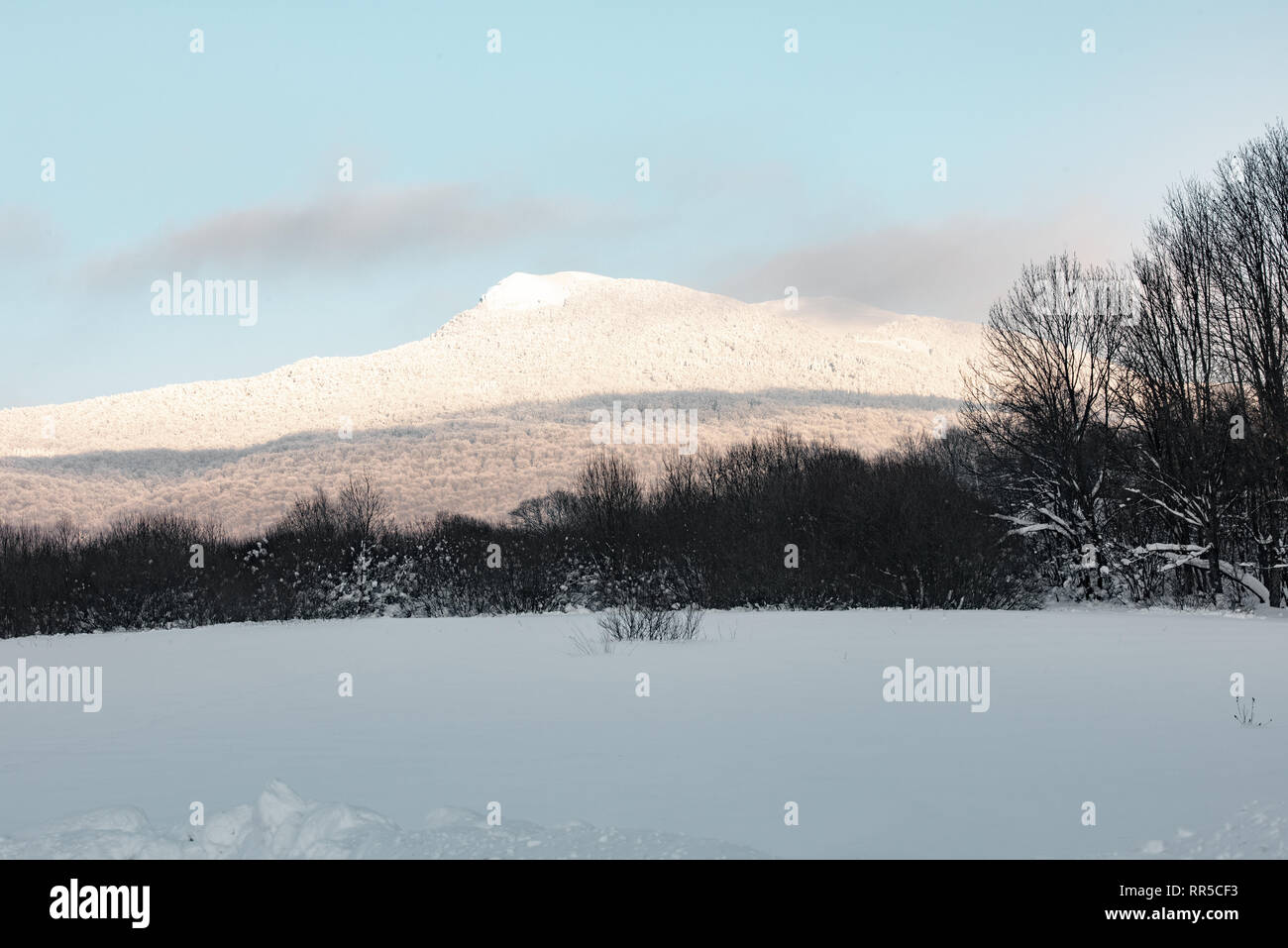 Bieszczady Mountains. A view over Hnatowe Berdo peak of Połonina Wetlińska range. winter snowy landscape. Snow-capped peak. Stock Photo