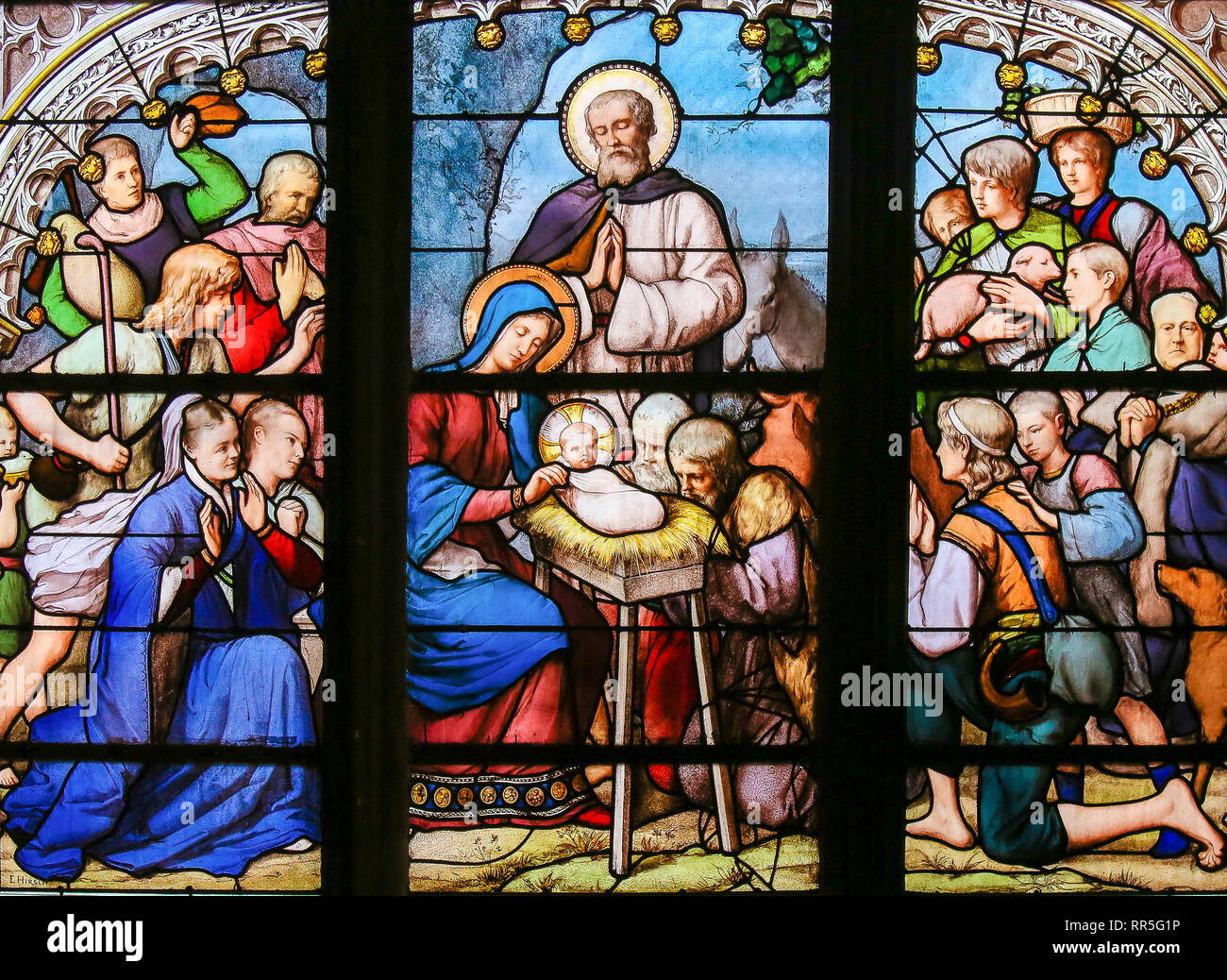 Stained Glass in the Church of Saint Severin, Latin Quarter, Paris, France, depicting a Nativity Scene at Christmas Stock Photo