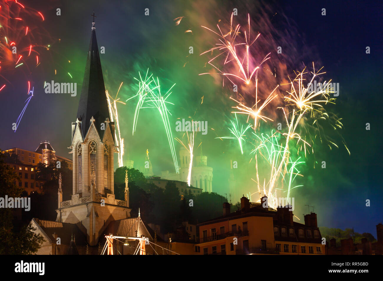 Fireworks in night sky over St Church, Lyon Stock Photo Alamy