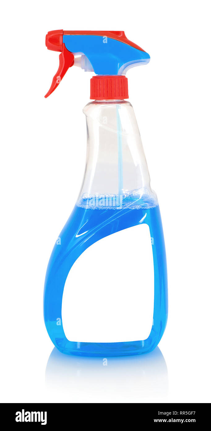 Cleaning And Sanitation Spray With White Label Isolated On White Background With Shadow Reflection Studio Shot Of Plastic Spray Bottle With Blue Liqu Stock Photo Alamy