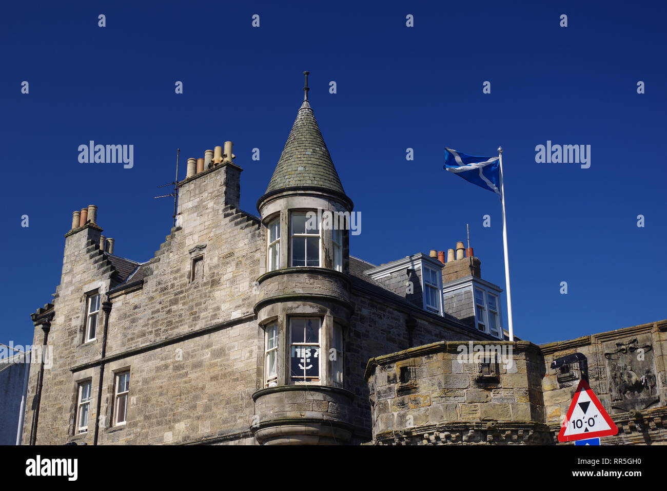 Scots Baronial Architecture Round Turret and Scottish Saltire flag at