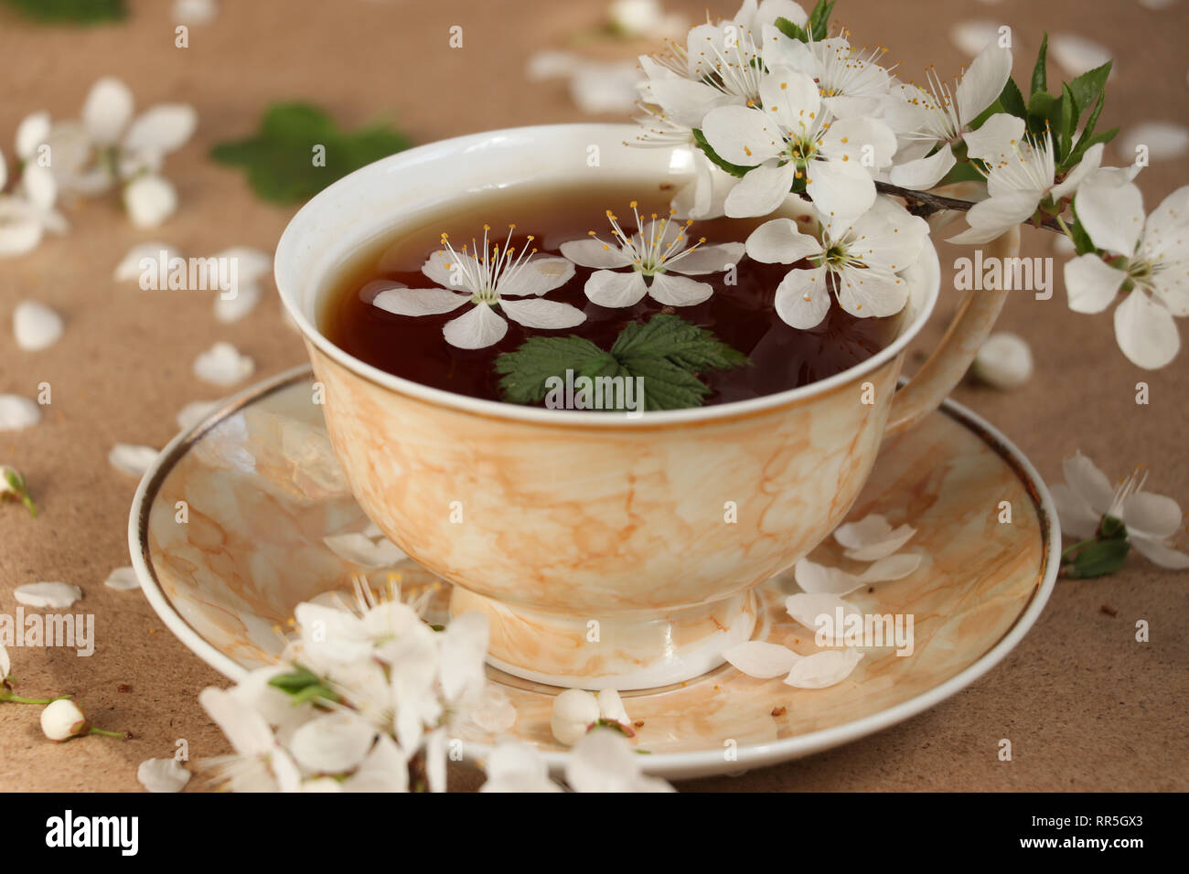 Spring, delicious, delicate tea with cherry flowers and raspberry ...