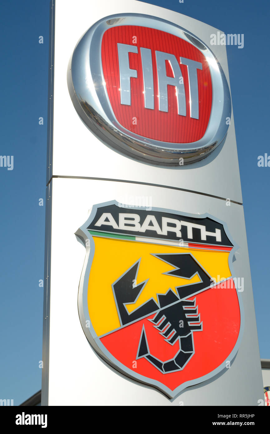 Fiat and Abarth car logo signs Stock Photo