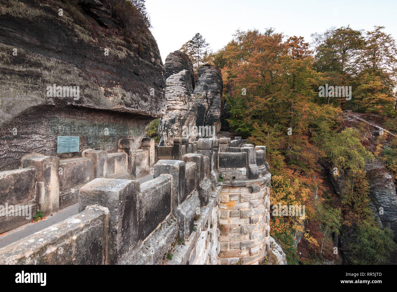 Bastei bridge in the national park Saxon Switzerland. Elbe sandstone mountains. lateral panoramic view on historical brickwork of fortress with rock Stock Photo