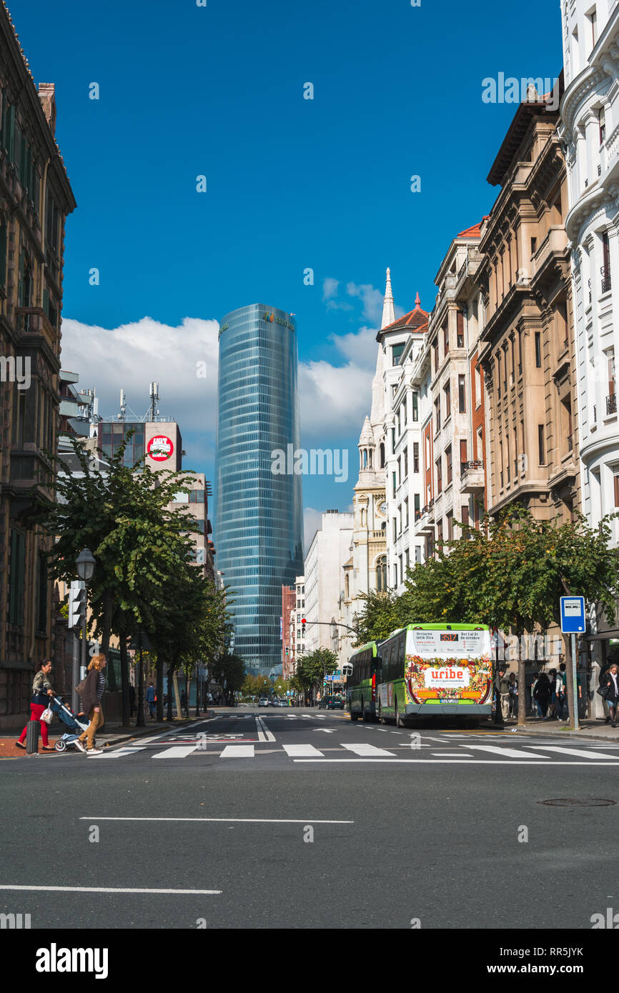 Street leading thowards skyscraper in Bilbao, Spain Stock Photo