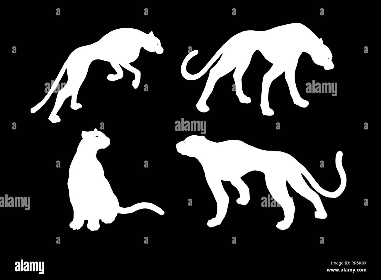 Drawn jaguar, leopard, wild cat, panther silhouettes Stock Vector