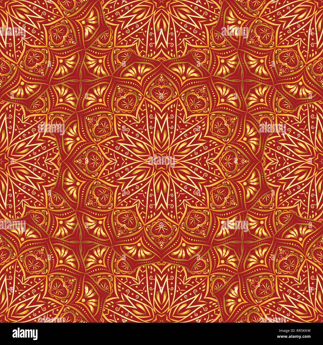 Golden mandala seamless pattern on red background, in chinese style. Stock Vector