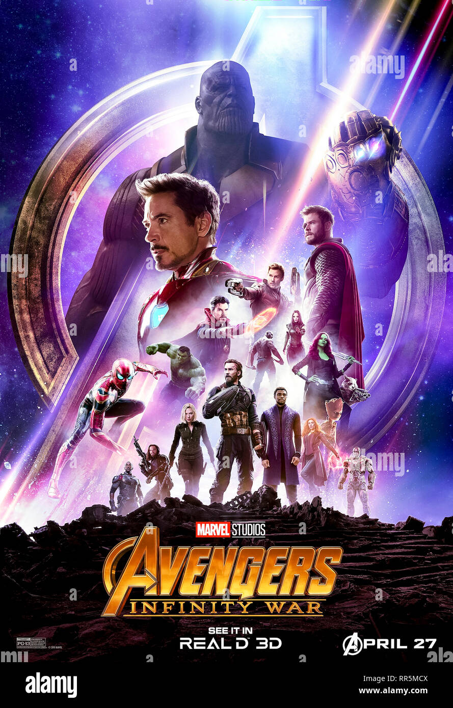 Avengers: Infinity War (2018) directed by Anthony Russo and Joe Russo and starring Robert Downey Jr., Chris Evans, Mark Ruffalo, Chris Hemsworth, and Scarlett Johansson. The Avengers team up with heroes across the Marvel Universe to stop Thanos collecting the remaining Infinity Stones and destroying Earth. Stock Photo