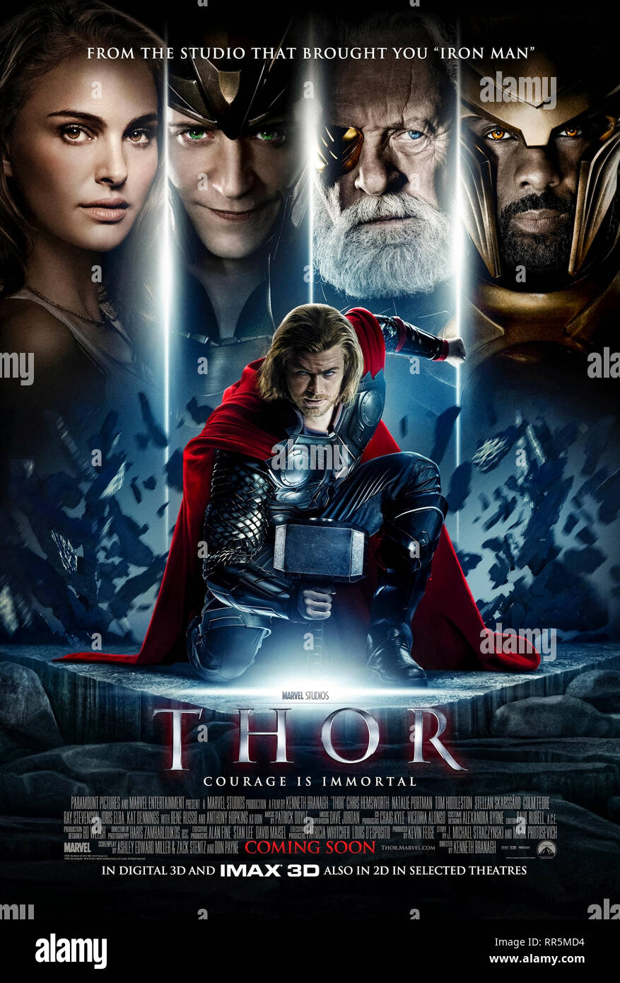 Thor (2011) directed by Kenneth Branagh and starring Chris Hemsworth, Natalie Portman, Tom Hiddleston and Anthony Hopkins. Thor is banished to Midgard where he falls in love and returns to Asgard to save it from Loki. Stock Photo